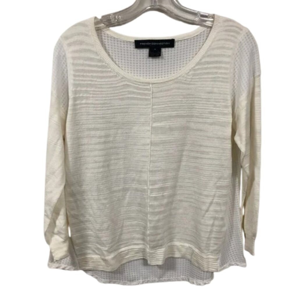 French Connection Cream Mixed Media Scoop Neck Sheer Back Knit Top Small